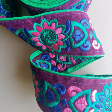 Green Fabric With Purple Velvet Trim With Green, Purple And Pink Floral Thread Embroidery, Approx. 65mm Wide - 200317L189
